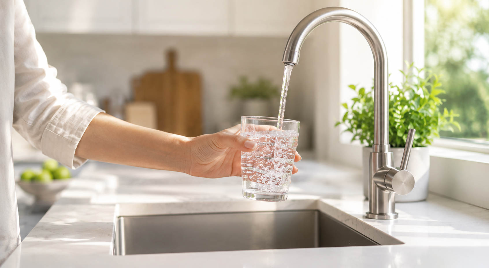 Clean drinking water filling a glass from a kitchen faucet
